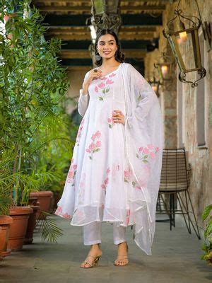 Buy Divena White Hand Painted Kota Doria Anarkali Kurta Pant with ...