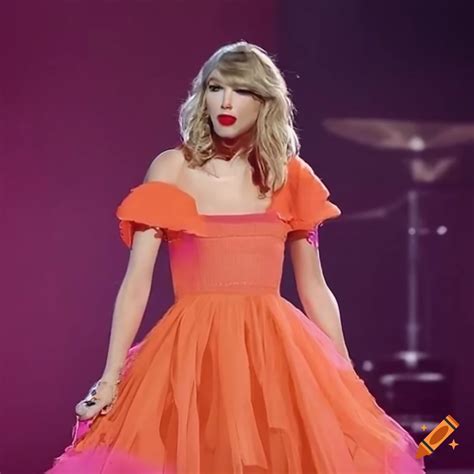 Taylor swift performing under starry night in a pink orange dress