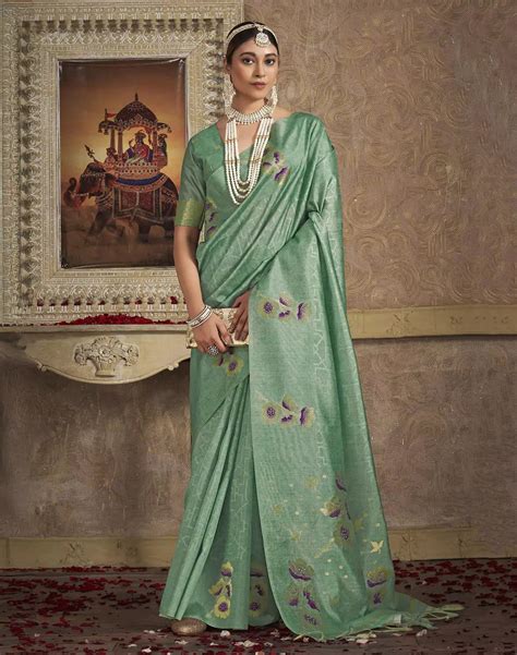 Floral Printed Soft Silk Fancy Saree in Light Green – South India ...