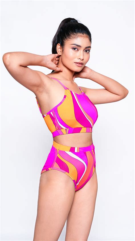 Logut Orange Pink Swimwear Padded Top and Full Coverage Swimwear Botto ...