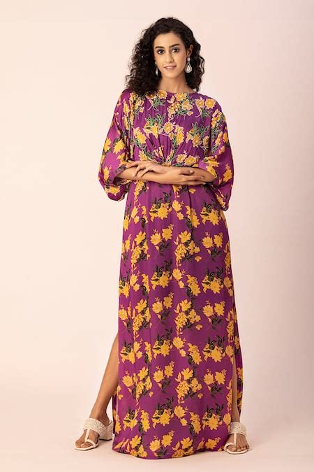Buy Purple Satin Embroidery Round Neck Bloom Draped Maxi Dress For ...