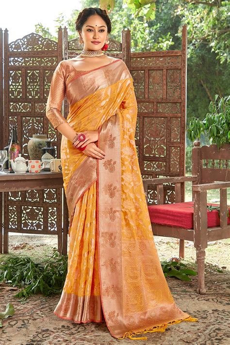 Buy Turmeric Yellow Organza Saree 72896 Online | Karagiri