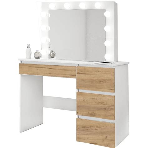 Masa de toaleta/machiaj Artool, alb si stejar Wotan, cu oglinda si LED-uri, Irina, 94x43x141 cm