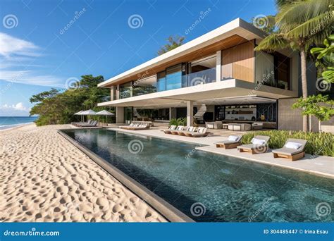 Modern Beachfront House with Pool on Ocean Shore. Stock Image - Image ...