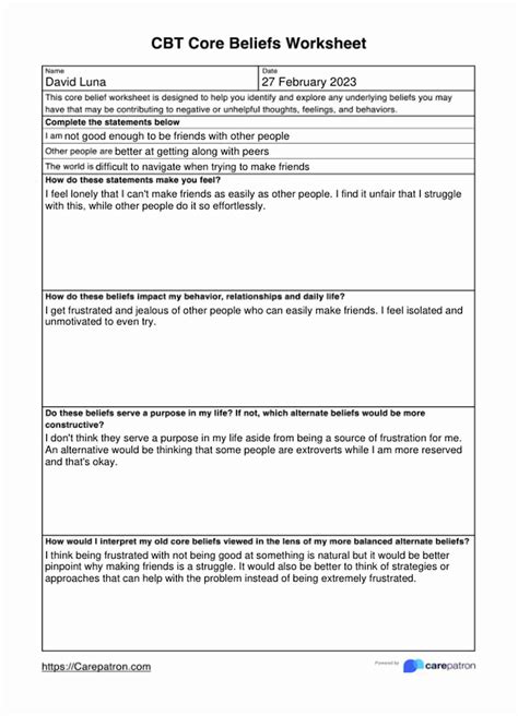 CBT Core Beliefs Worksheets & Example | Free PDF Download