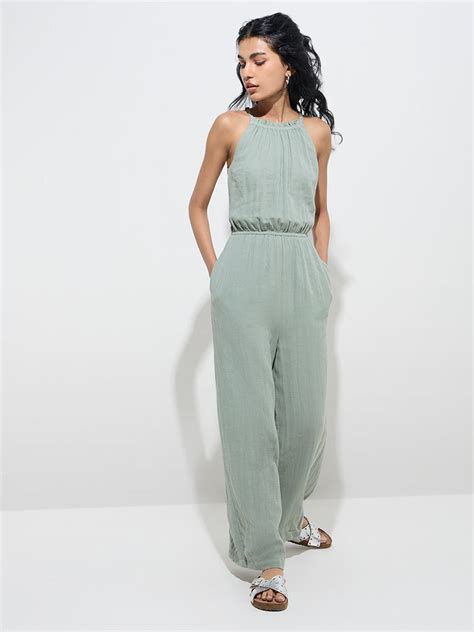 Buy Bombay Paisley Sage Ruffle-Detailed Cotton Jumpsuit from Westside