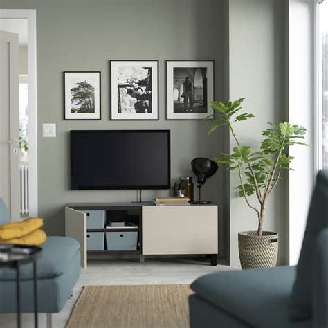 BESTÅ TV bench with doors, black-brown/Lappviken/Stubbarp light grey ...