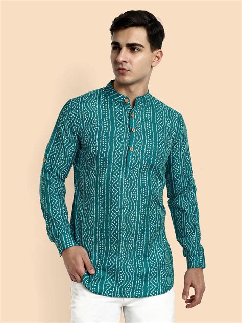 Teal Blue Printed Men's Short Kurta – House of Vardha