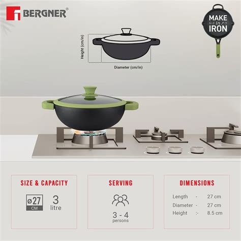 Buy BERGNER Elements Black Cast Iron Kadhai with Glass Lid - 1.5l from ...