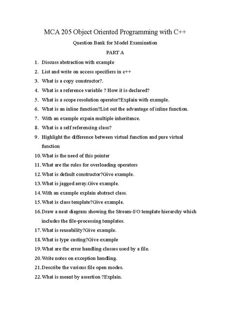 MCA 205 Model Exam Question Bank: Object Oriented Programming in C++ ...