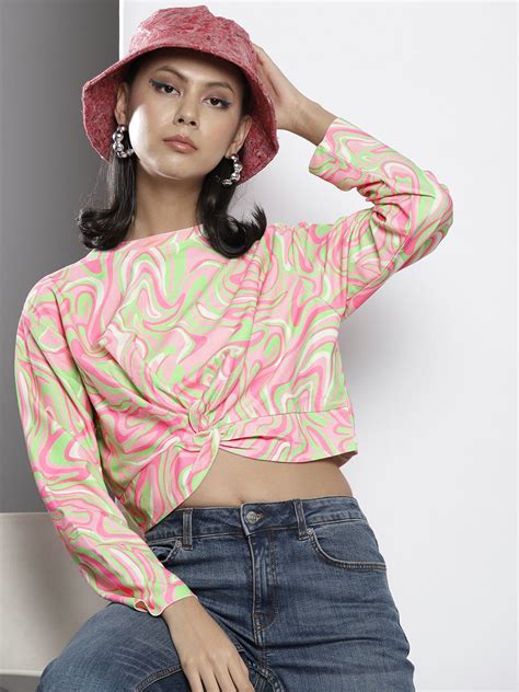 Buy Women Pink & Green Waves Print Knot Crop Sweatshirt Online at Sassafras