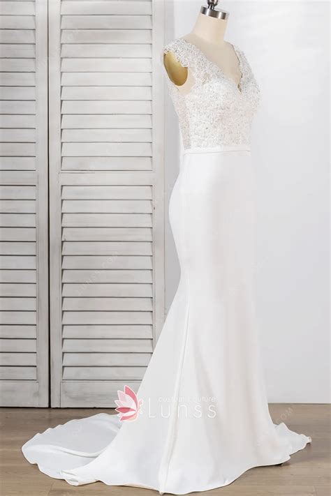 Modern Beaded Lace & Satin Open Back Mermaid Bridal Dress - Lunss