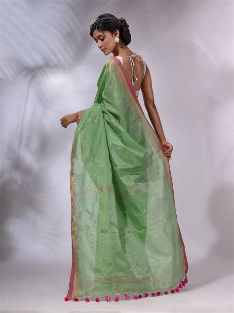 Light Green Tissue Handwoven Saree With Zari Woven Temple Borders ...