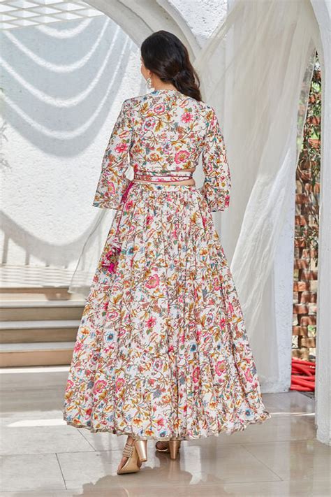 Off-White & Pink Floral Printed Flared Lehenga Set at Biba India