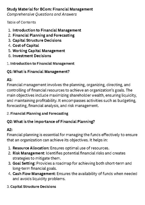 Study Material for BCom Financial Management Comprehensive Questions ...