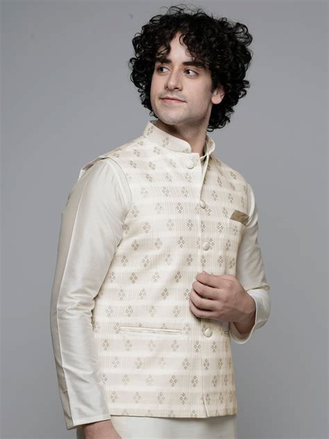 Men's Woven Designed Beige Nehru Jacket – Maahi Fabs