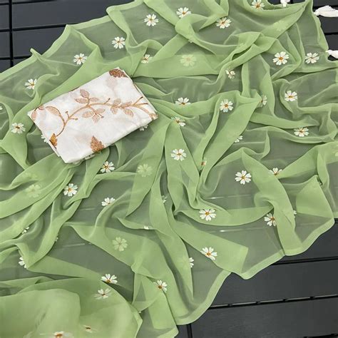 Pista Green Floral Embroidered Georgette Saree