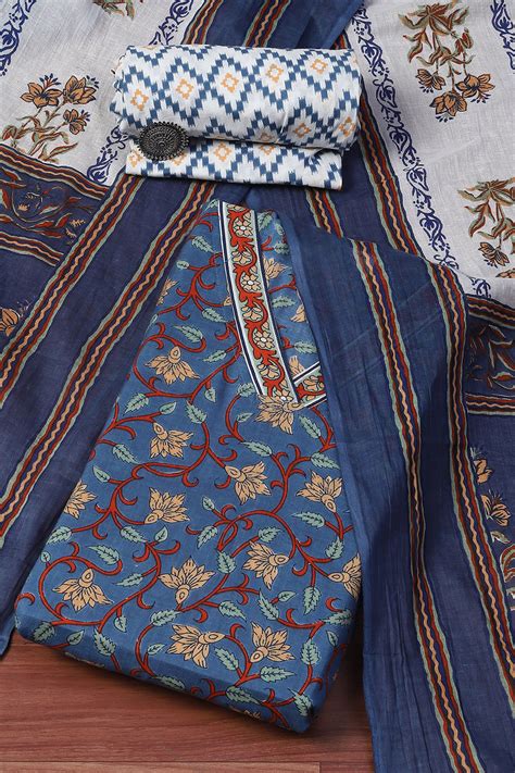Buy Blue Cotton Unstitched Suit set Online at Biba India