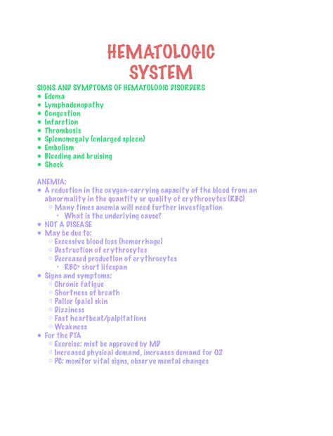 THE HEMATOLOGIC SYSTEM* - HEMATOLOGIC SYSTEM SIGNS AND SYMPTOMS OF HEMATOLOGIC DISORDERS Edema ...