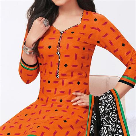 Orange Printed Pure Cotton Patiala Dress Material