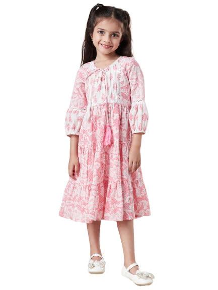 Buy Pspeaches Girls Tiered Floral Print Tie-Up Neck A-Line Midi Cotton ...
