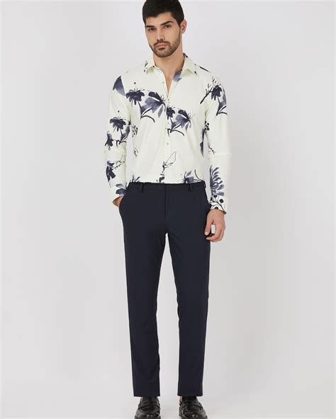 Buy Off White Floral Print Stretch Slim Fit Casual Shirt Online at ...