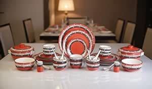 Caffeine Ceramic Handmade Red and Black Dotted Dinner Set (37 Pieces ...