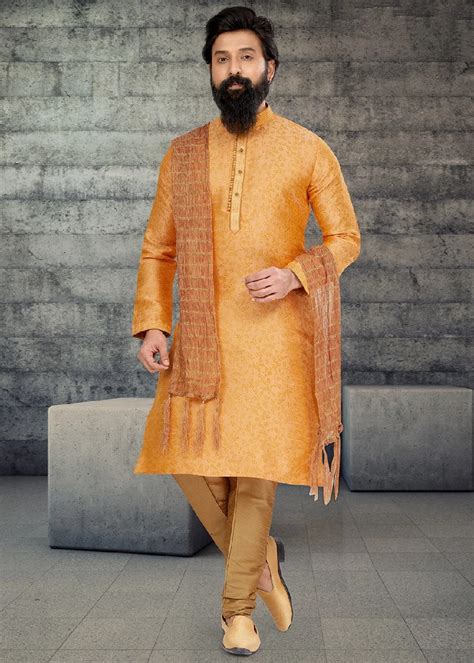 Orange Woven Work Kurta Pajama For Mens