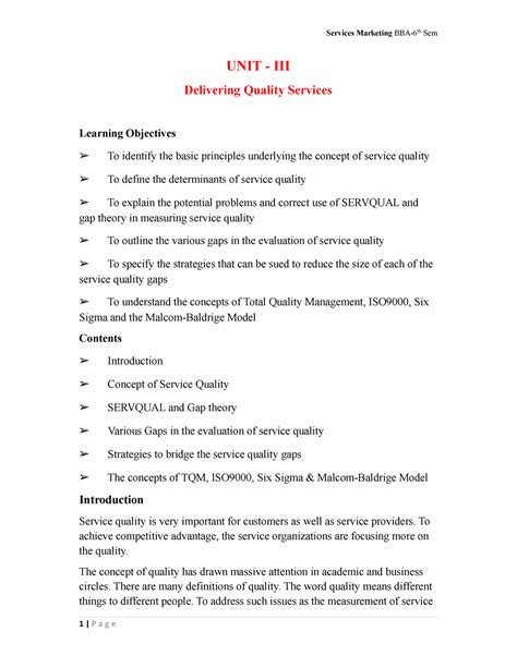 Services Marketing BBA-6th Sem UNIT 3 - UNIT - III Delivering Quality ...