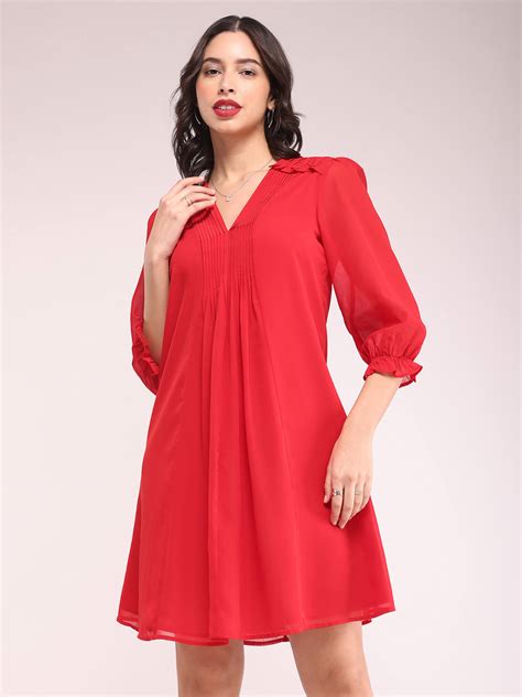 Buy Red Pintuck A-line Dress Online | FableStreet
