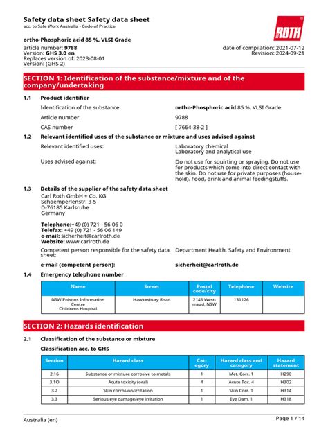 Safety Data Sheet Ortho-Phosphoric Acid | PDF | Dangerous Goods | Toxicity