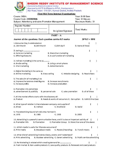 ASPM I-MID 20 MCQs - Advertising & Sales Promotion Management - Studocu