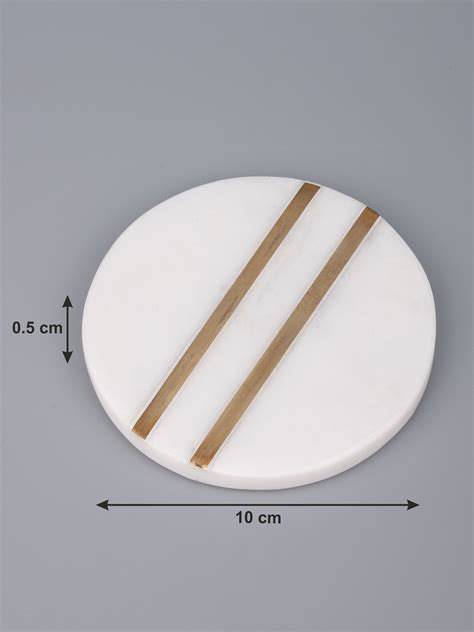 Round White Marble Coaster Set - 4 Pieces | Brass Inlay Work