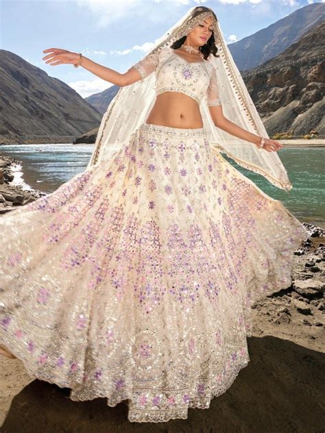 Buy Ivory and Purple Mirror Work Engagement Net Lehenga Choli Online ...