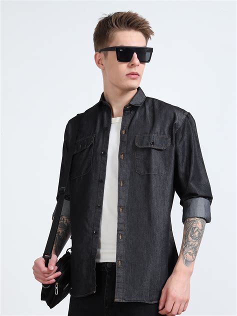 Shop Solid Dark Grey Denim Shirt for Men Online in India