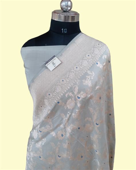Grey Pure Katan Handloom Silk - All over Jaal Work with Meenakari Bana ...