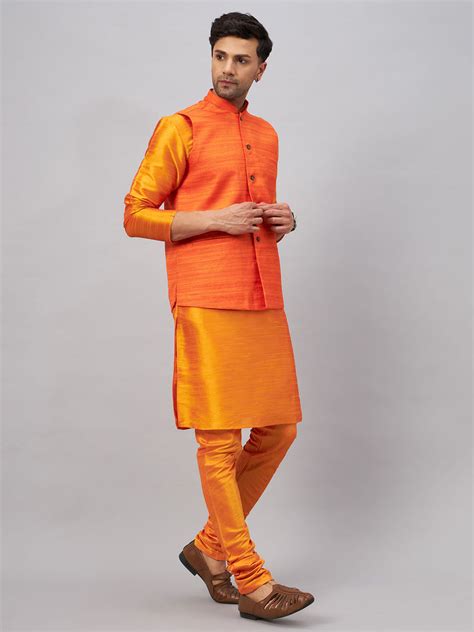 VASTRAMAY Men's Orange Jacket With Kurta And Pyjama Set – vastramay