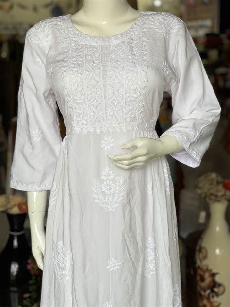 White chikankari hand embroidered rayon dress with gathers at waist an ...