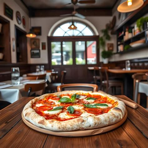 Classic margherita pizza on a wooden table in an italian pizzeria ...