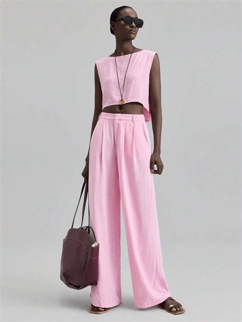 Ontre 2pcs/Set Women's Solid Color Round Neck Cropped Top And Pants ...