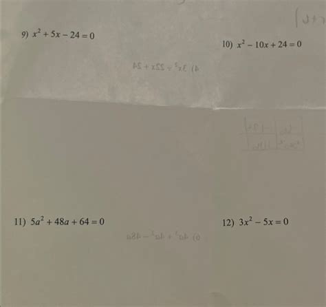 Solved x2+5x-24=0x2-10x+24=05a2+48a+64=03x2-5x=0 | Chegg.com
