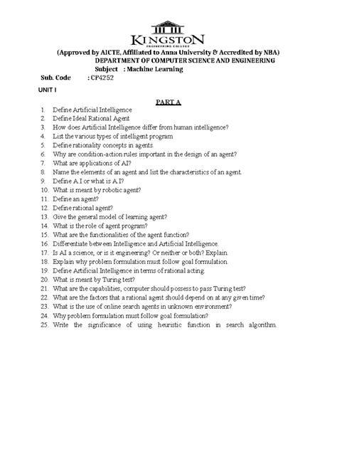Question BANK FOR ML UNIT 1 to 5UESTION BANK - (Approved by AICTE ...