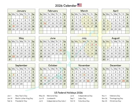 Holidays Year Calendar 2026 Printable
