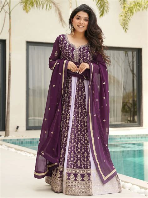 Shop Wine Embroidered Function Wear Gown With Dupatta From Ethnic Plus