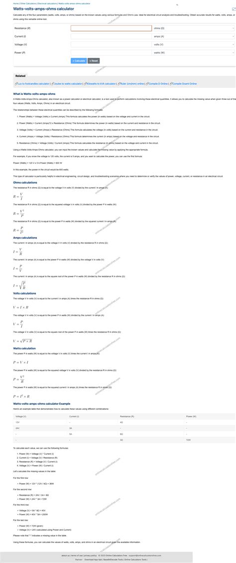 Watts, Volts, Amps, Ohm Rechner - CalculatorFree