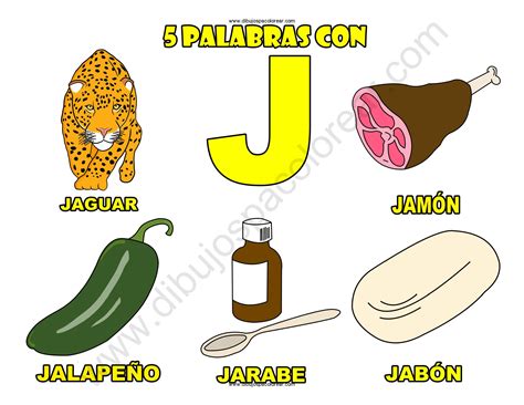 Cinco Palabras con la letra J dibujo a color y para colorear