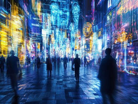 Digital art, wide angle, ambient haze street performer, neon signs, evening crowd, moody vibes 的图像结果