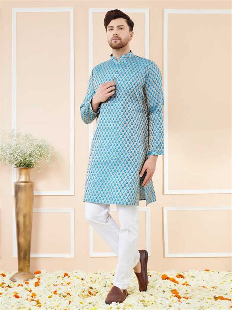 Blue Ethnic Motifs Silk Jacquard Woven Design Straight Kurta | See Designs