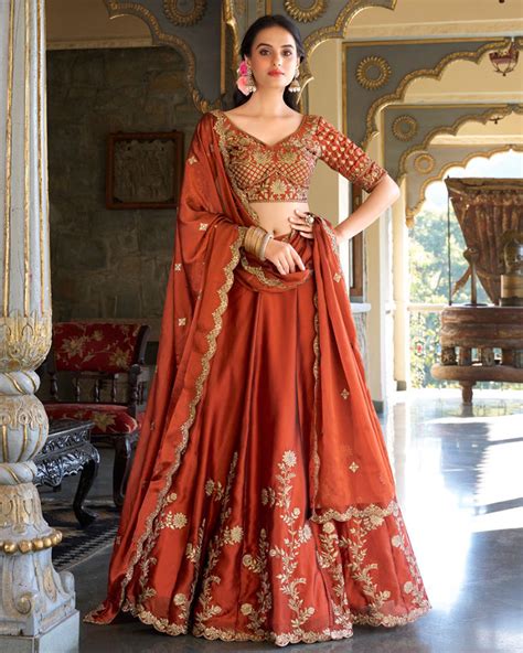 Rust Orange Color Rangoli Silk Embroidered Lehenga Choli – TANHAI