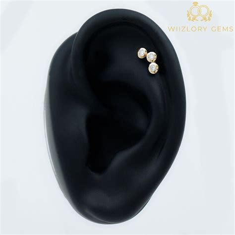 Buy 14K Solid Gold Lab Diamond Cartilage Earrings, Three Stones Bar ...